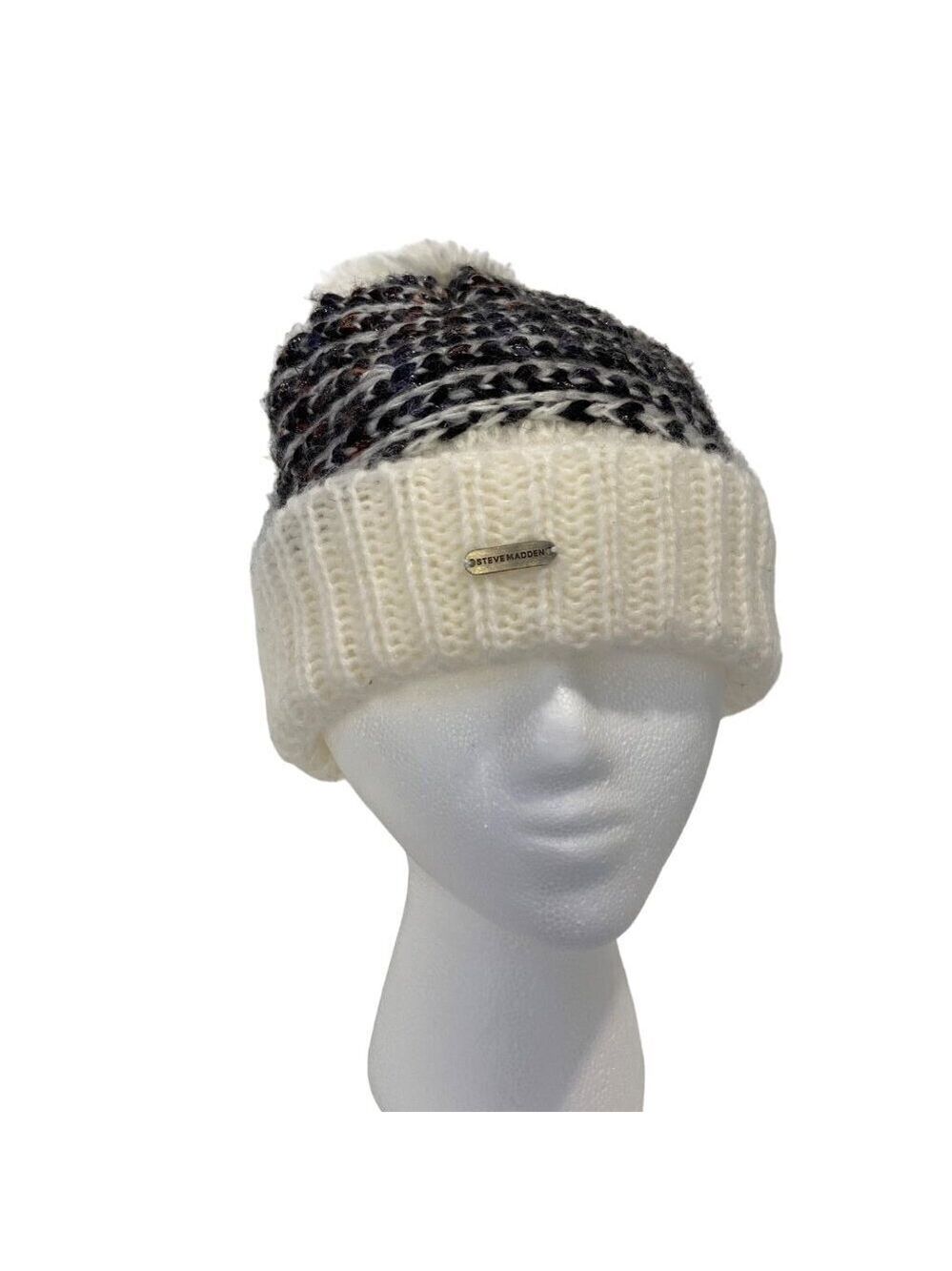 Steve Madden Womens Thick Knit Pom Pom Winter Beanie Hat Striped Design ecru O/S
